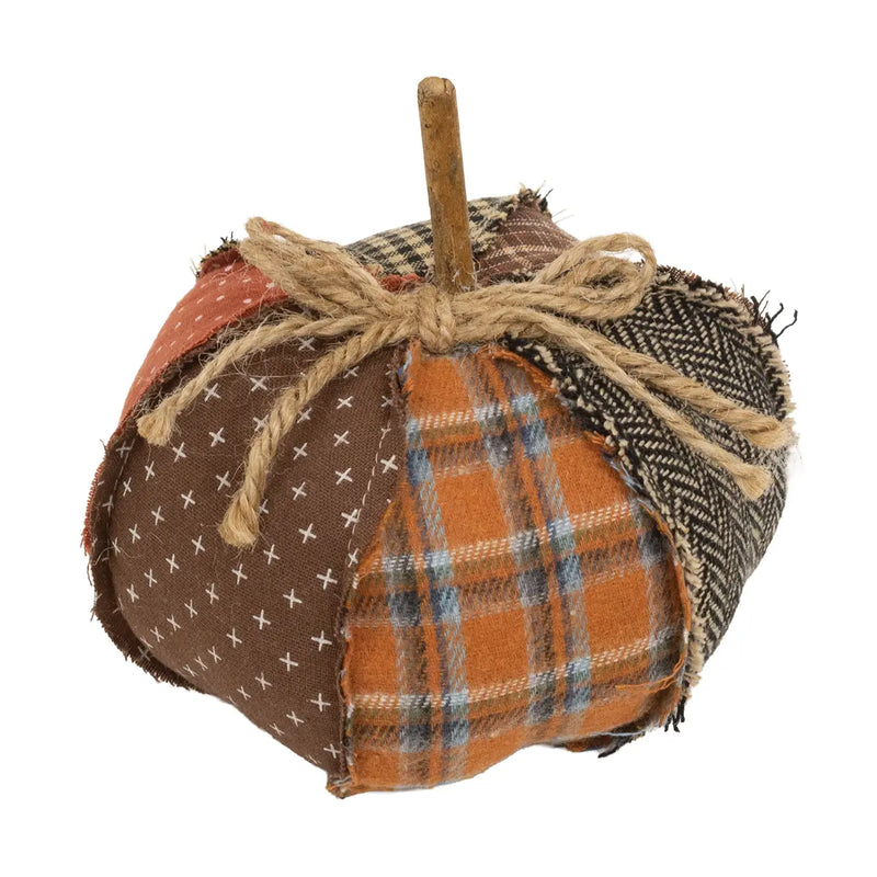 Zucca Decorativa Autunnale Patchwork in Tessuto con Fiocco in Juta