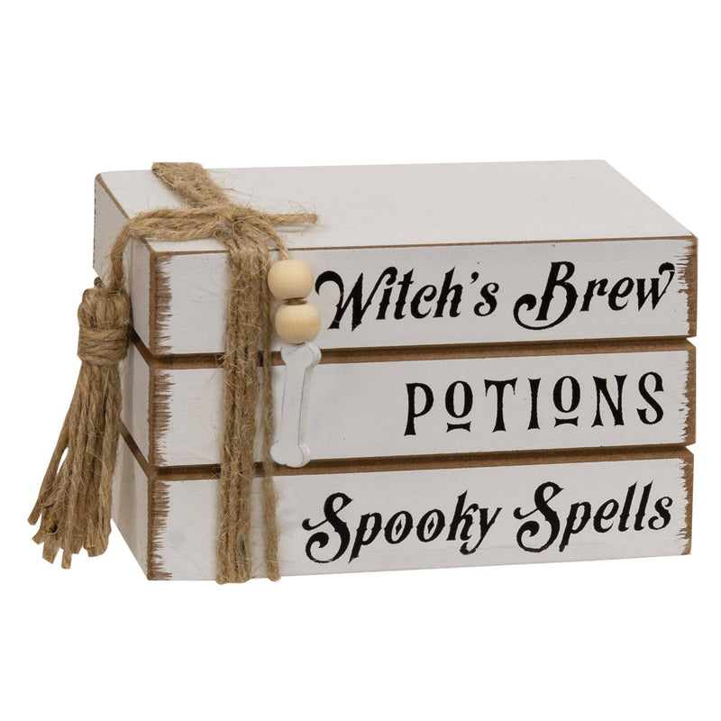 Mini pila di libri in legno Witch's Brew, pozioni e incantesimi spaventosi