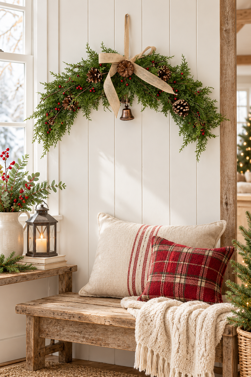 Arco Natalizio Decorativo con Pigne, Bacche e Campanella