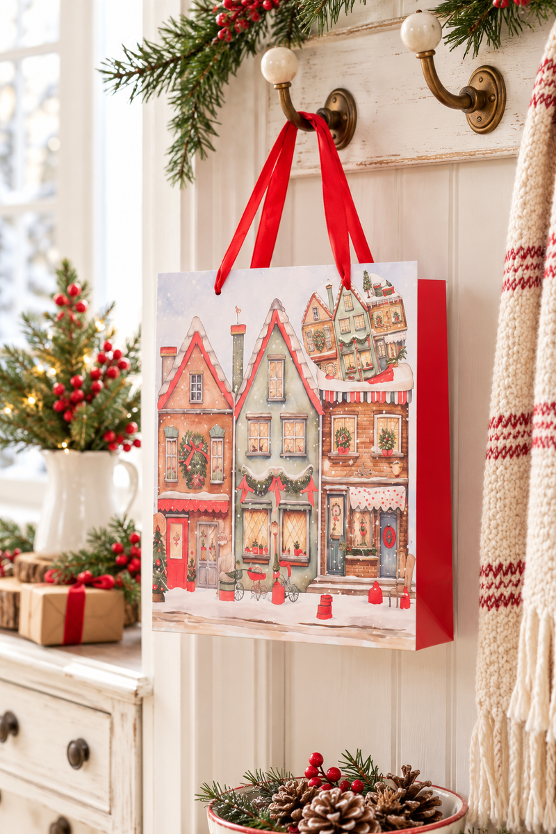 Borsa regalo natalizia con villaggio illustrato e manici rossi 26x32 cm