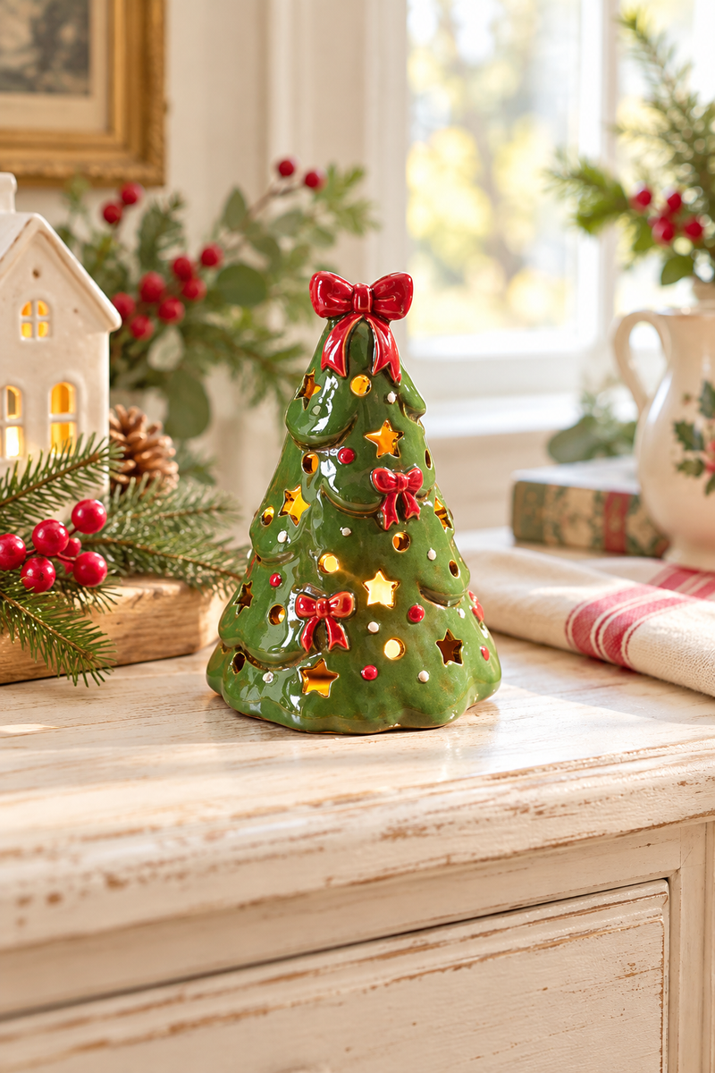 Portacandela Natalizio a Forma di Albero di Natale in Gres