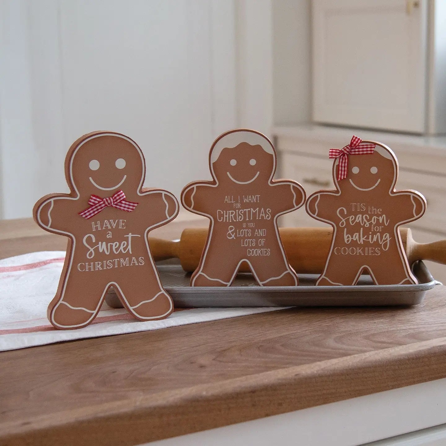 Set di 3 Decorazioni Natalizie in Legno a Forma di Omino di Pan di Zenzero