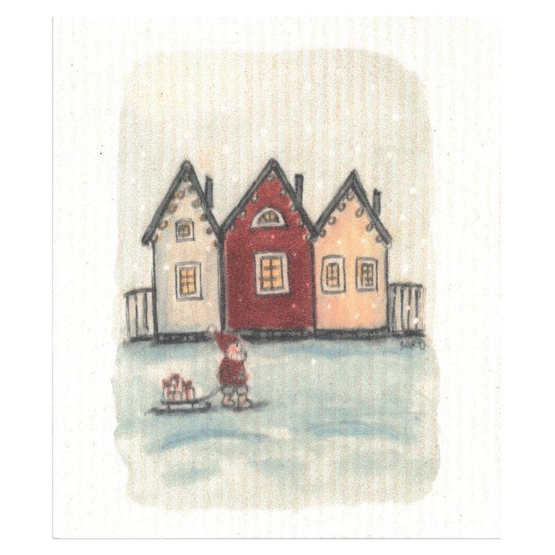 Panno Svedese Natalizio Casette Innevate 17x17 cm