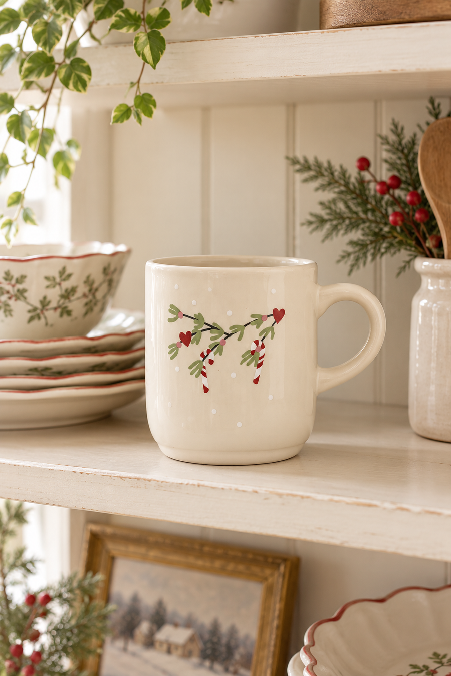 Tazza Natalizia in Stoneware Crema con Bastoncini 9,5 cm - Apotek