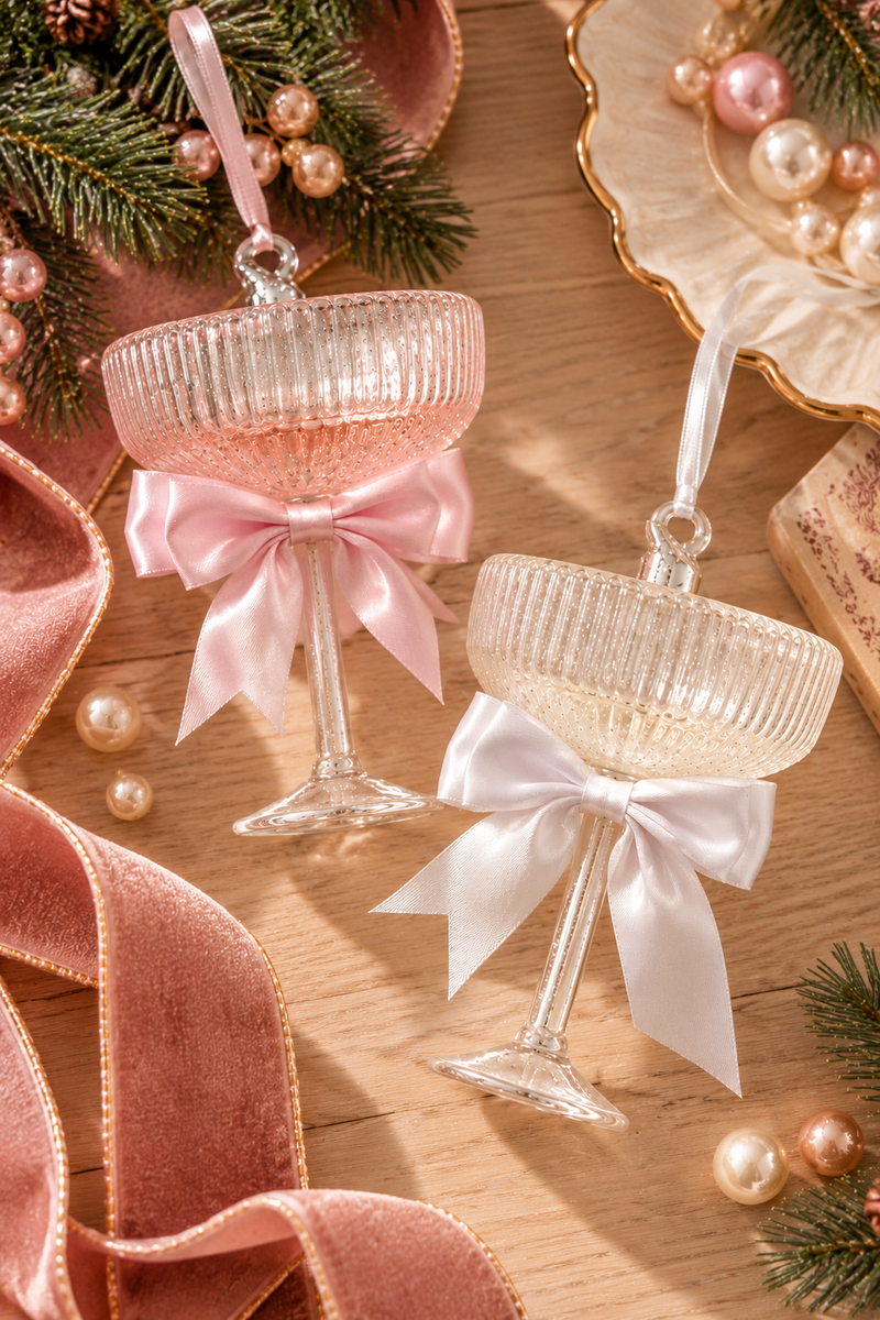 Set 2 Coppe Champagne Natalizie in Vetro con Fiocco H 13,5 cm
