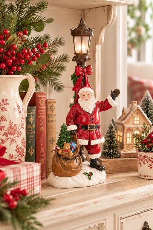 Babbo Natale Nuvole di Stoffa in resina con lampione LED, sacco di regali, alberello e base innevata, altezza 38 cm.