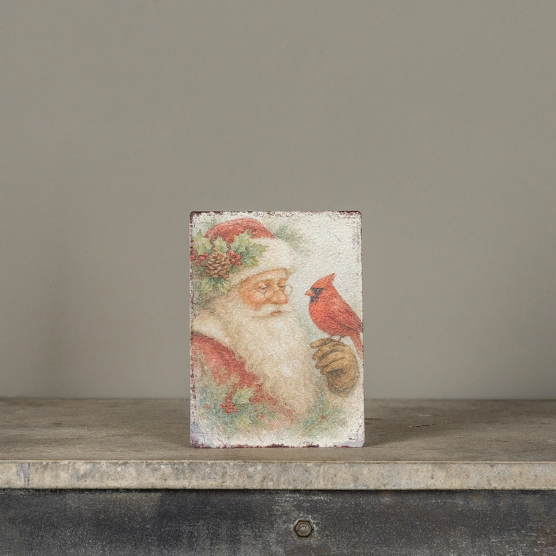 Targa Natalizia Babbo Natale con Cardinale H 18 cm