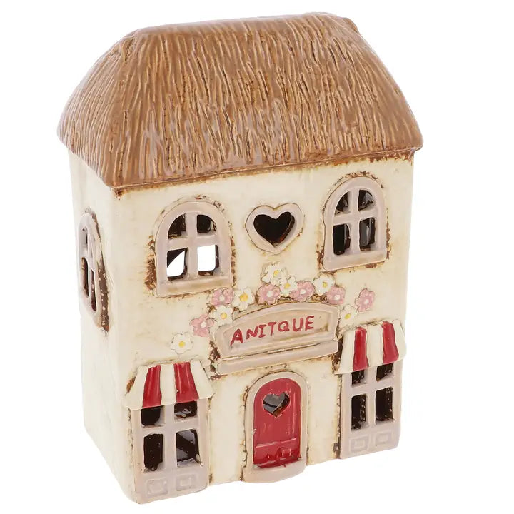 Casetta decorativa negozio di antiquariato in ceramica portacandela 19,5 cm