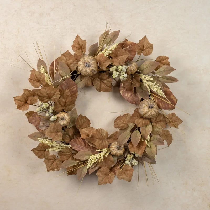 Corona Autunnale Decorativa 61 cm con Foglie Beige, Zucche e Bacche