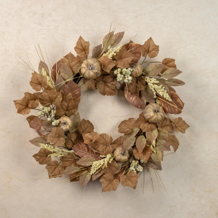 Corona Autunnale Decorativa 61 cm con Foglie Beige, Zucche e Bacche