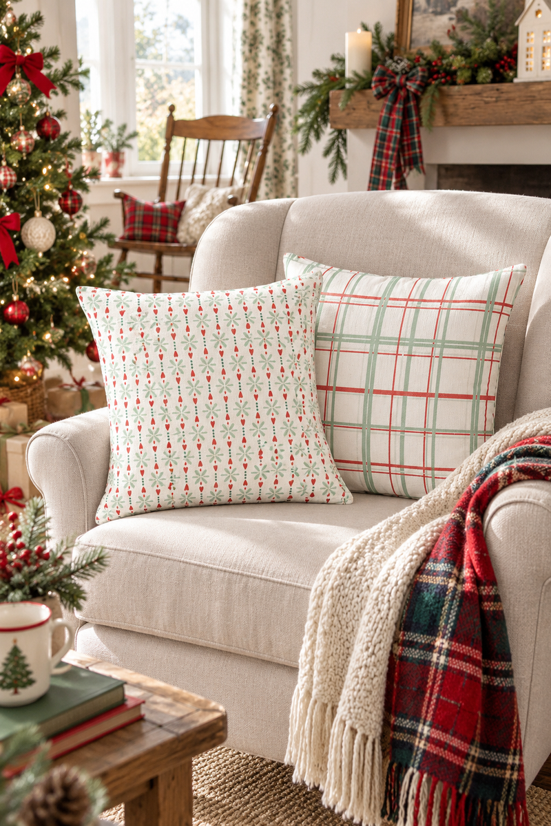 Cuscino Natalizio Country Rosso e Verde con Fantasie