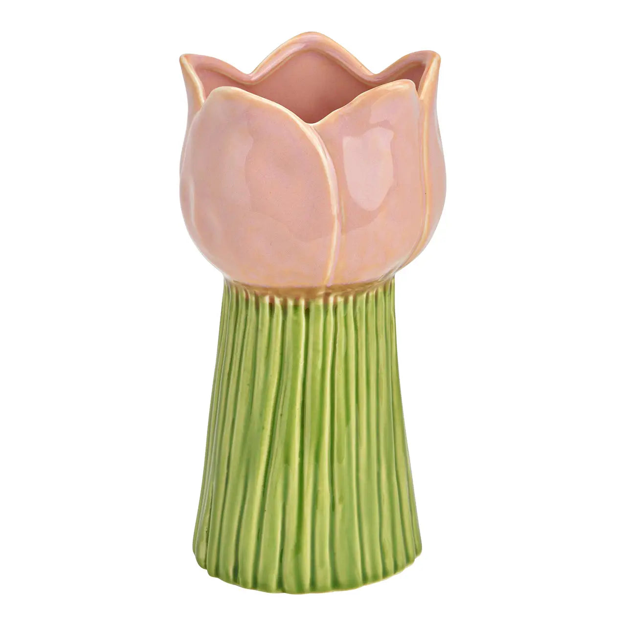 Vaso Tulipano in Porcellana Rosa e Verde 18x9x9 cm