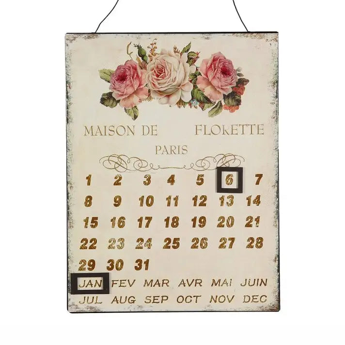 Calendario Perpetuo in Metallo con Rose 25x33 cm