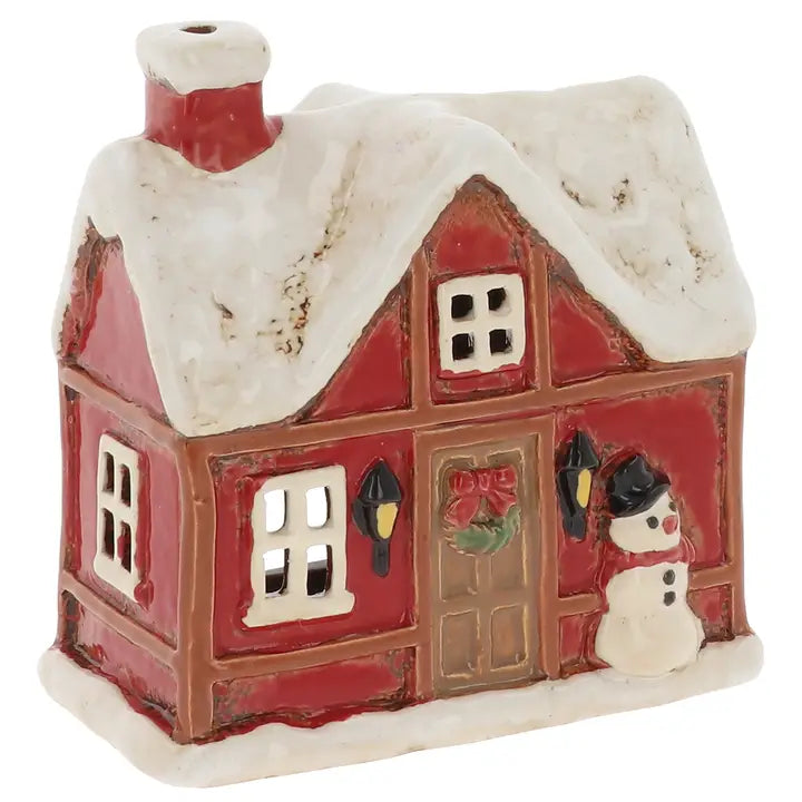 Casetta natalizia in ceramica Tudor con pupazzo di neve