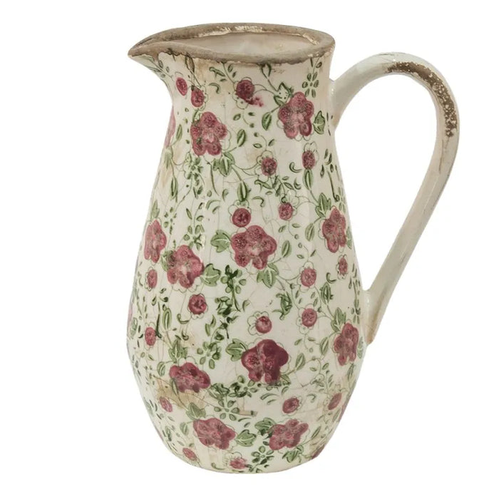 Brocca decorativa in ceramica con fiori rosa H 25 cm