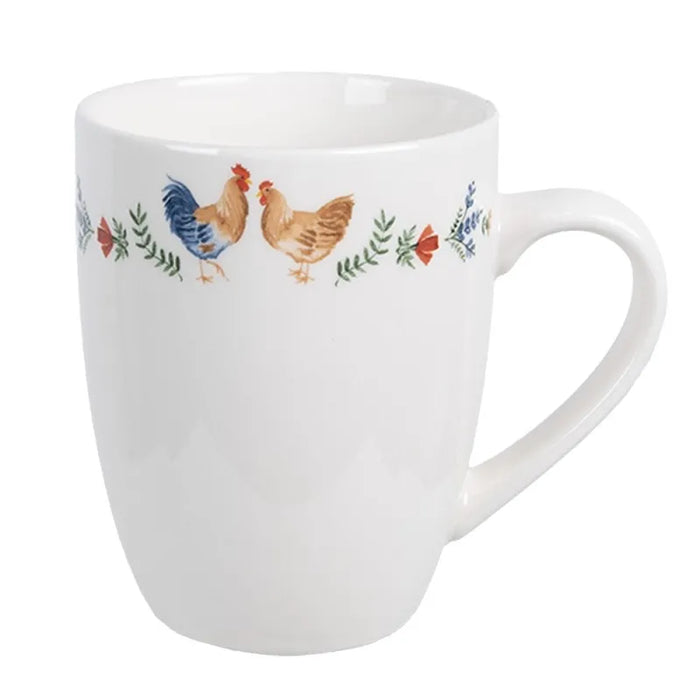 Tazza in ceramica bianco con motivo gallo e fiori -Chicken and rooster