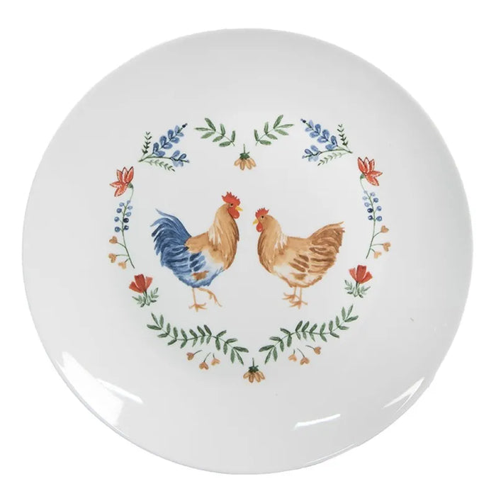 Piatto in ceramica bianco con motivo gallo e fiori  -Chicken and rooster