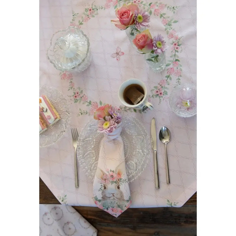 Tovaglia in cotone 100x100 cm rosa con motivo coniglio - Floral easter bunny - Arredo Casa da Sogno