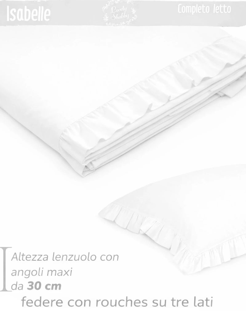 Completo Lenzuola Matrimoniale Isabelle Bianco con Rouches – 100% Cotone