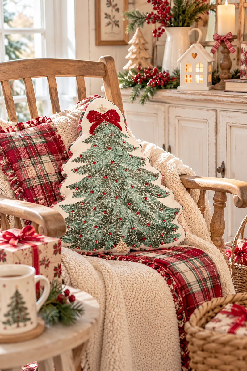 Cuscino natalizio ricamato a forma di albero di Natale con fiocco rosso su poltrona in legno stile cottage inglese.