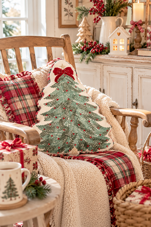 Cuscino natalizio ricamato a forma di albero di Natale con fiocco rosso su poltrona in legno stile cottage inglese.