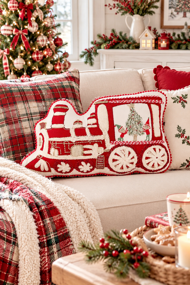 Cuscino natalizio a forma di trenino rosso e bianco ricamato su divano in stile cottage inglese.