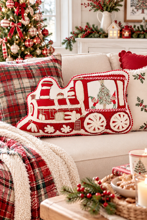 Cuscino natalizio a forma di trenino rosso e bianco ricamato su divano in stile cottage inglese.