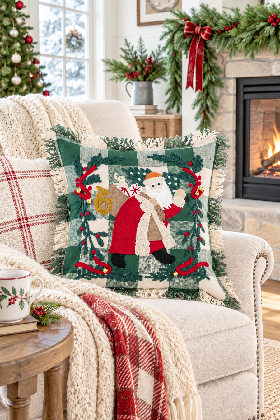 Cuscino Natalizio Babbo Natale Ricamato 45x45 cm – Blanc Mariclò
