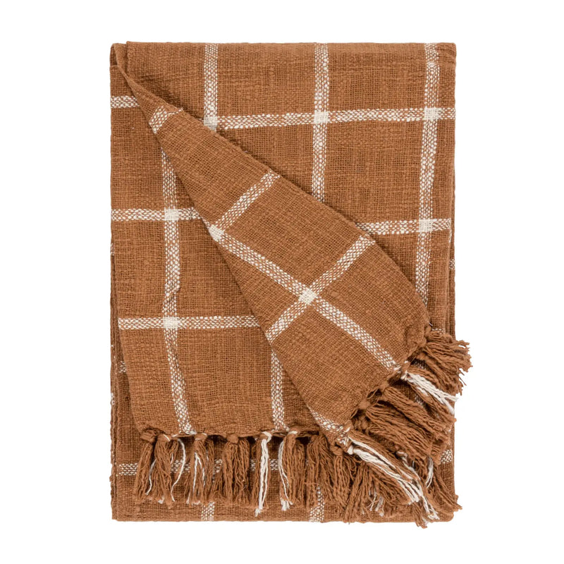 Plaid in Cotone a Quadri Marrone e Naturale con Frange – 130 × 180 cm