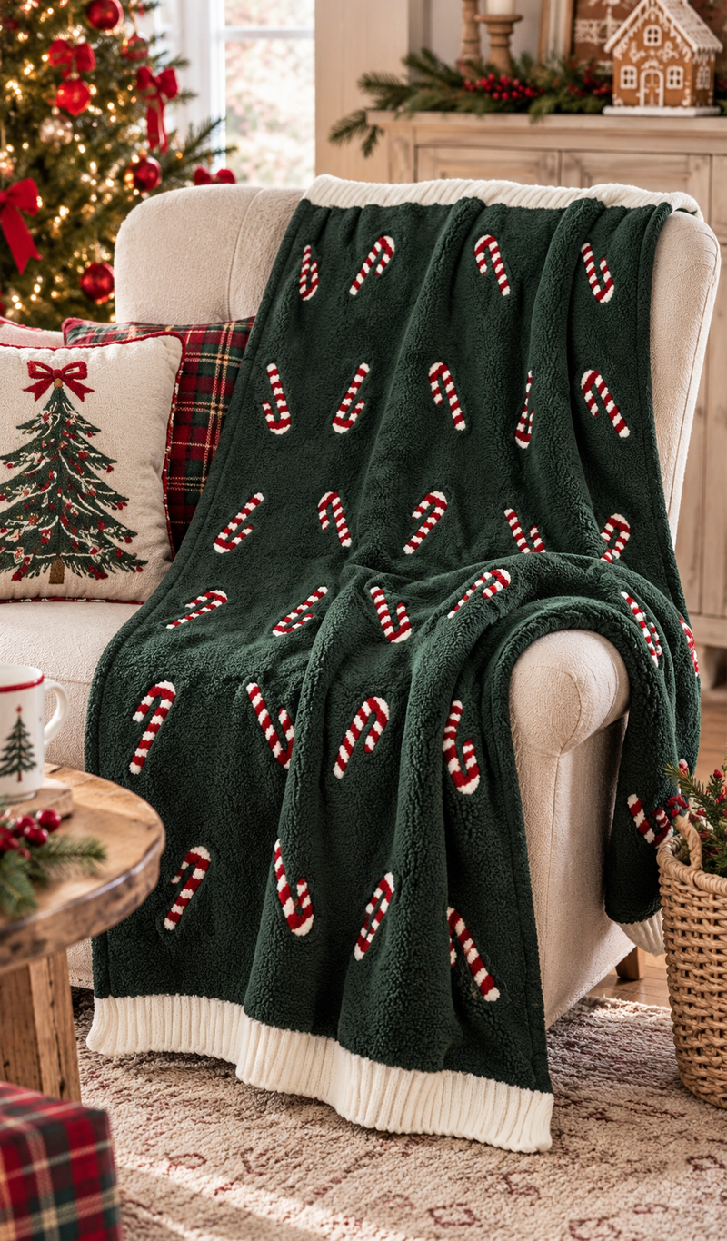 Plaid Natalizio Verde con Bastoncini di Zucchero Candy Cane