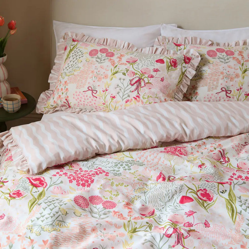 Set Copripiumino Reversibile con Volant Gardenia Rosa
