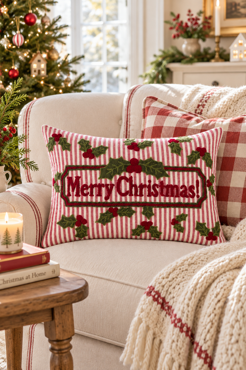 Cuscino Natalizio Merry Christmas Ricamato 30x45 cm – Blanc Mariclò