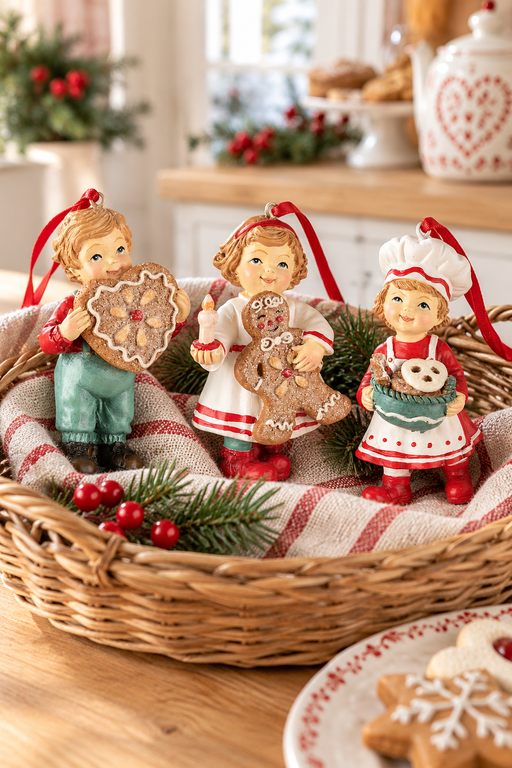 Decorazioni natalizie Dekoratief da appendere raffiguranti tre bambini con biscotti e dolci, disponibili singolarmente.
