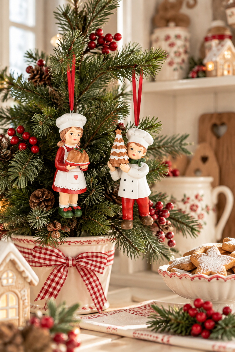 Decorazioni natalizie da appendere piccoli pasticceri Dekoratief, bambina con dolce e bambino con alberello, disponibili singolarmente.
