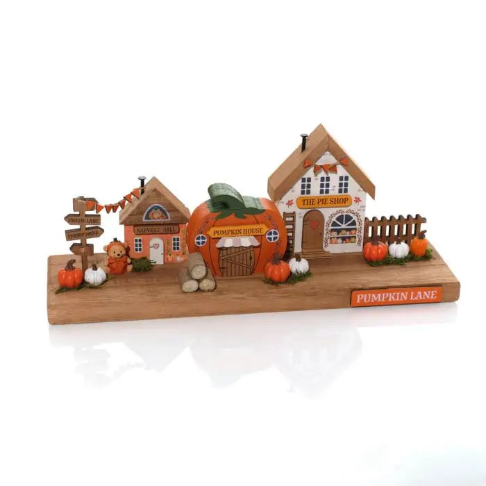 Decorazione in Legno Harvest Home con 3 Casette e Zucche