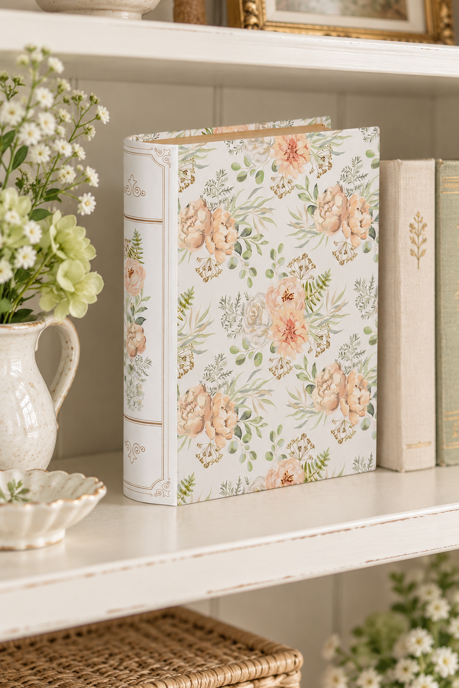 Scatola libro decorativa floreale bianca e verde 17 x 14 x 5 cm