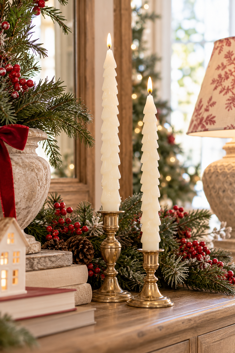 Set 2 Candele Natalizie a Forma di Albero Avorio H25 cm