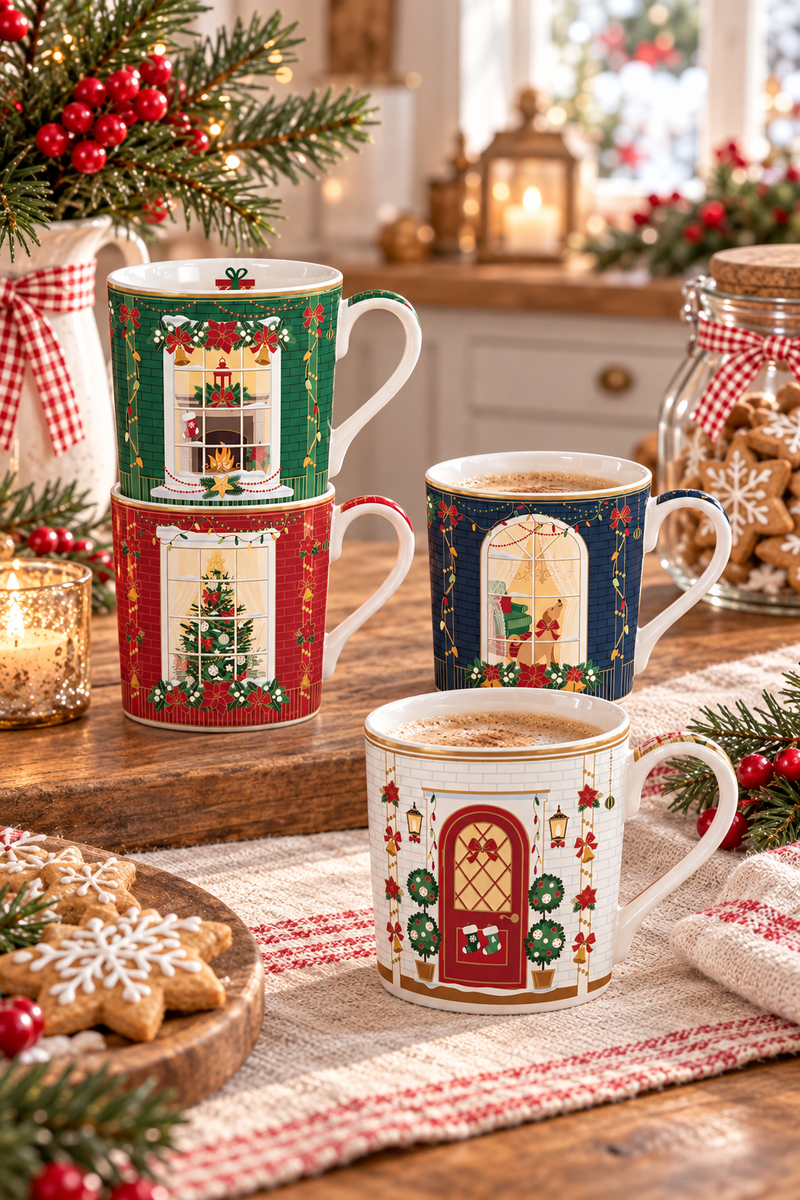 Set 4 Tazze Natalizie Impilabili in Porcellana 265 ml con Scatola Regalo – Festive Avenue Easy Life