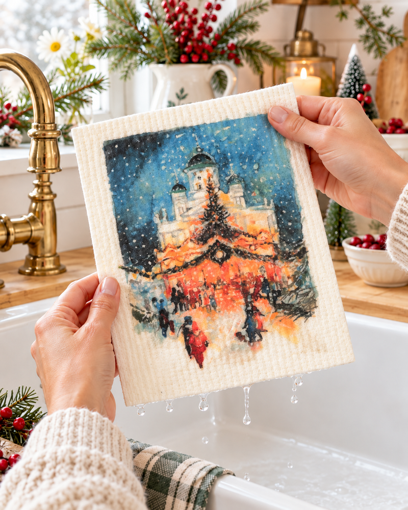 Panno Svedese Natalizio Mercatino di Natale 17x17 cm