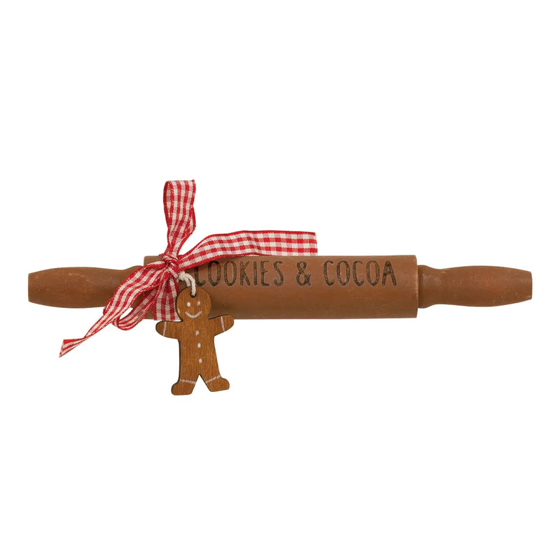 Matterello Decorativo Natalizio in Legno con Biscottino e Fiocco a Quadretti