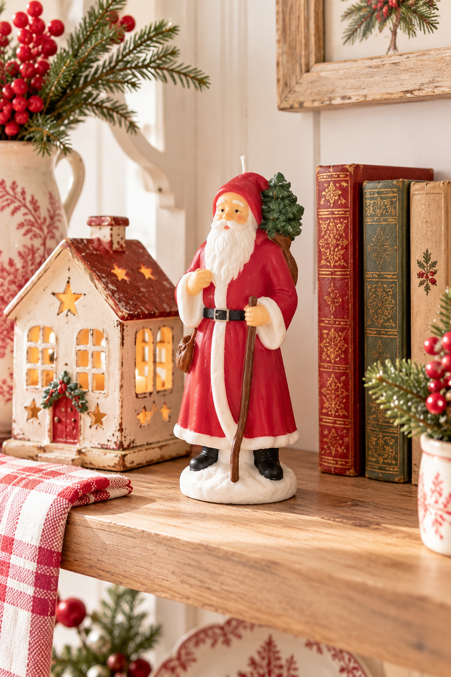 Candela Natalizia Babbo Natale con Bastone 17,5 cm – Nuvole di Stoffa