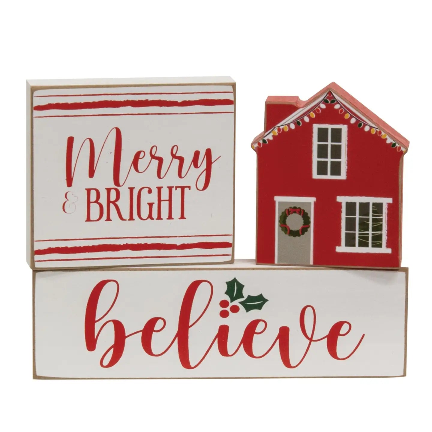 Set di 3 di targhe di legno per la casa, Merry & Bright, Believe
