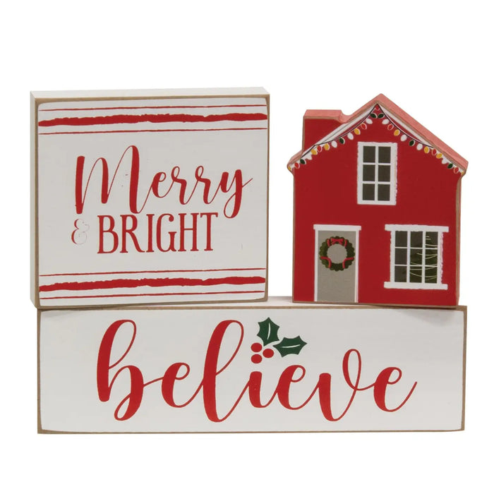 Set di 3 di targhe di legno per la casa, Merry & Bright, Believe