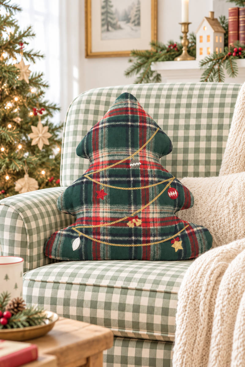 Cuscino Natalizio a Forma di Albero Tartan 42 x 42 cm