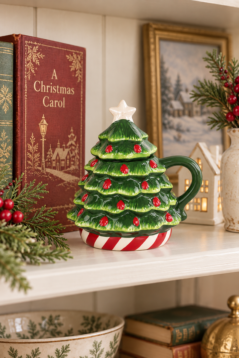 Tazza natalizia a forma di albero di Natale con coperchio 16 x 18 cm