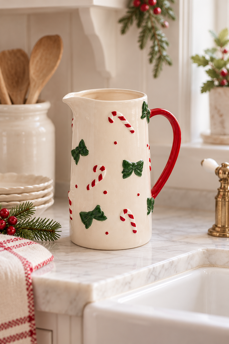 Brocca natalizia in ceramica con fiocchi e Candy Cane 7,4 x 4,9 x 8,7 cm