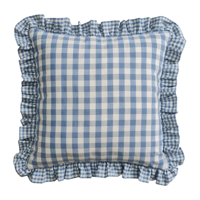 Federa Cuscino Quadri Blu 40x40 cm con Volant Stile Cottage
