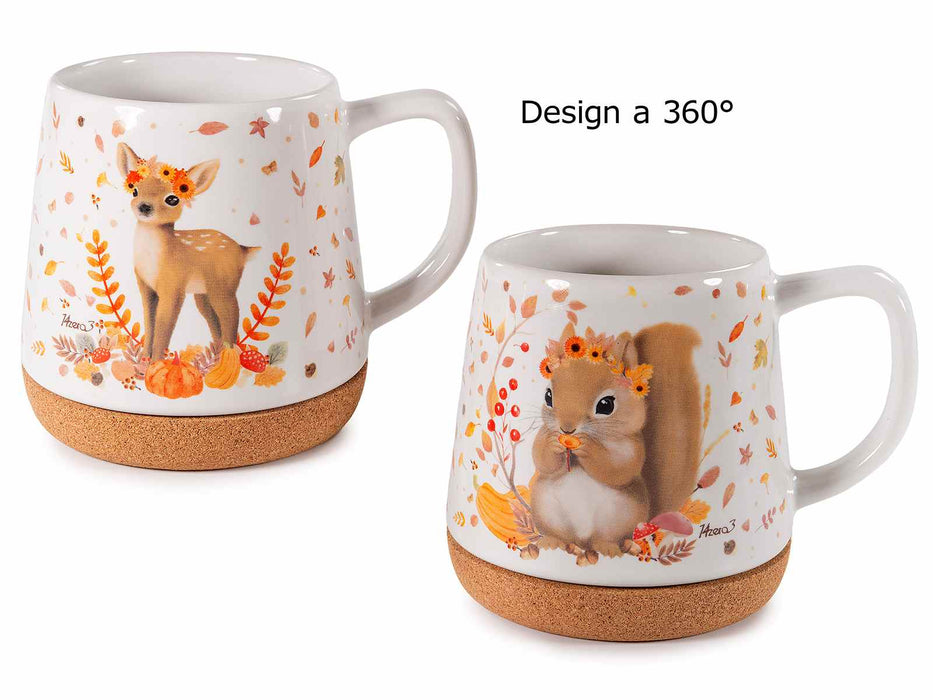 Tazza ceramica con base sughero Animali del bosco