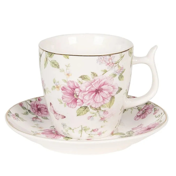 Tazza con piattino in porcellana elegante con motivo floreale rosa-Clayre & eef