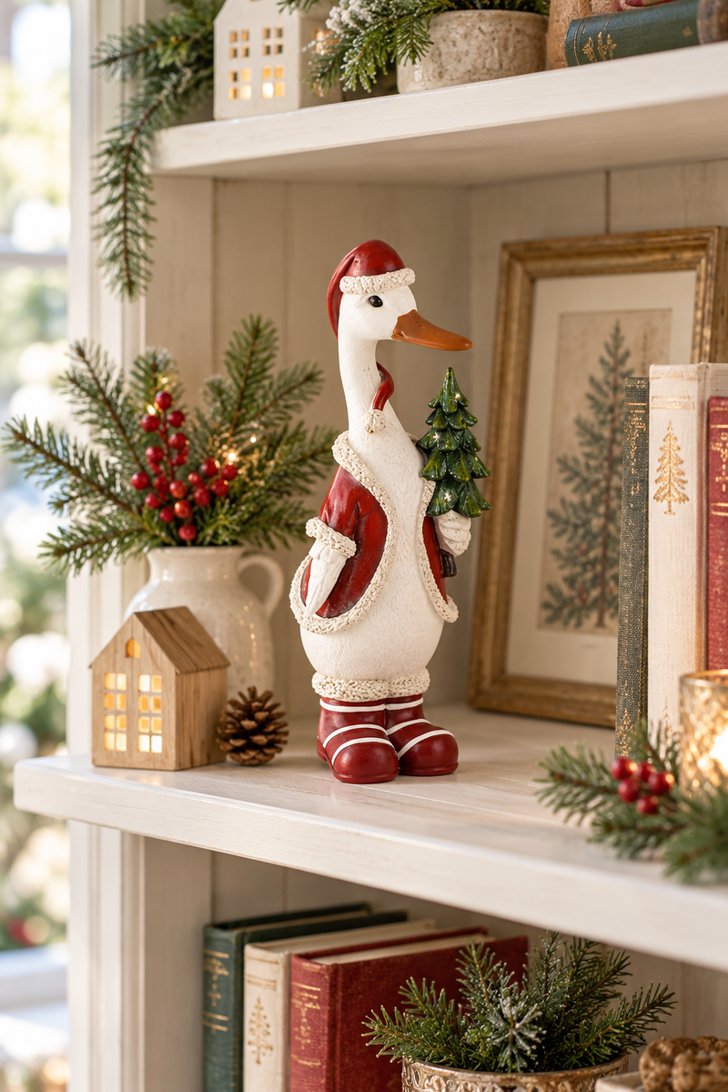 Oca natalizia decorativa Dekoratief H39 cm in resina con cappotto rosso e alberello verde, ambientata su libreria in stile cottage natalizio.